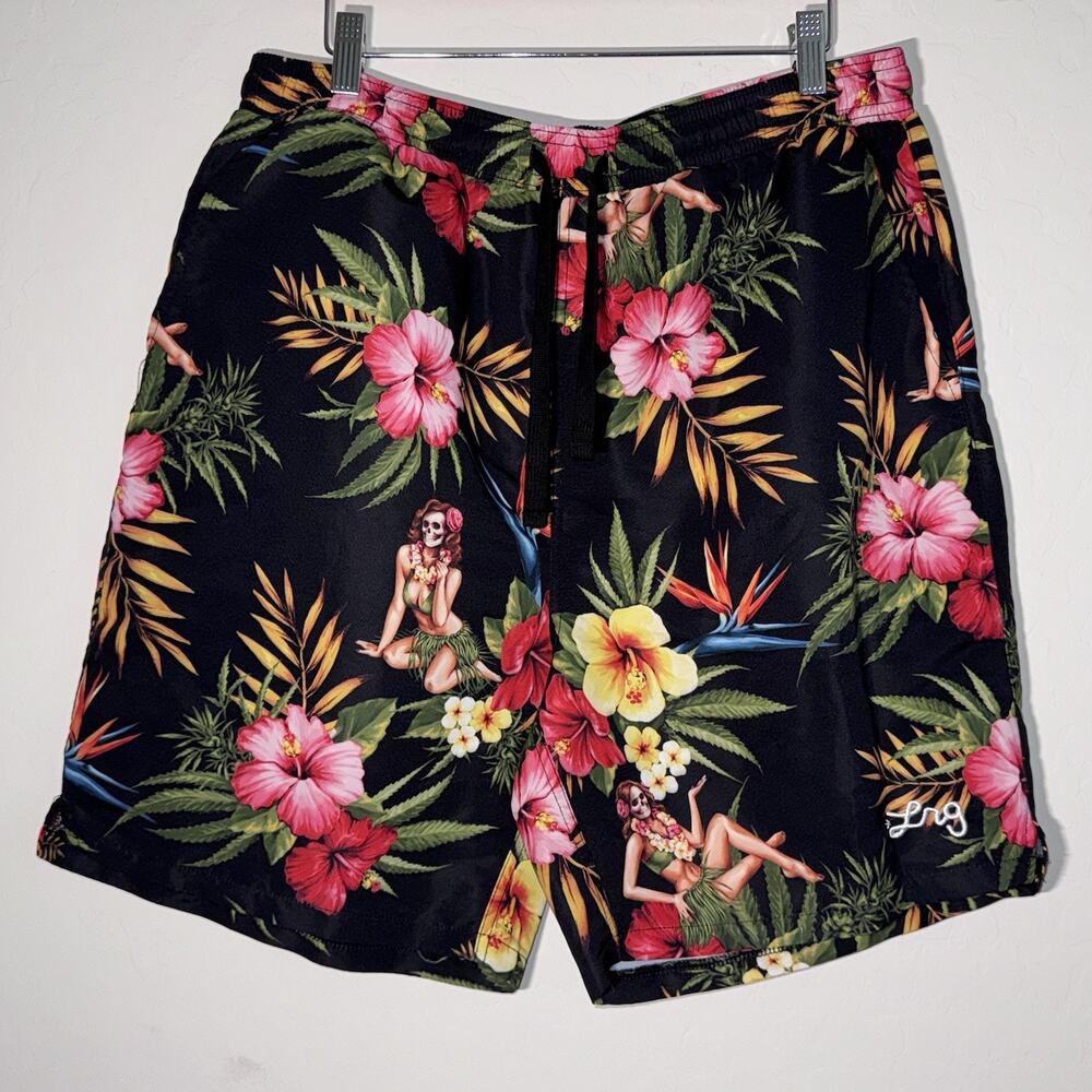 LRG Lifted Research Group Men's Floral Shorts Embroidered Swim Trunks Large EUC